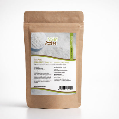 MSM Pulver Beutel von Mynatura auf weißem Hintergrund, Etikett mit Angaben zu hochreinem Methylsulfonylmethan und Mineralien.