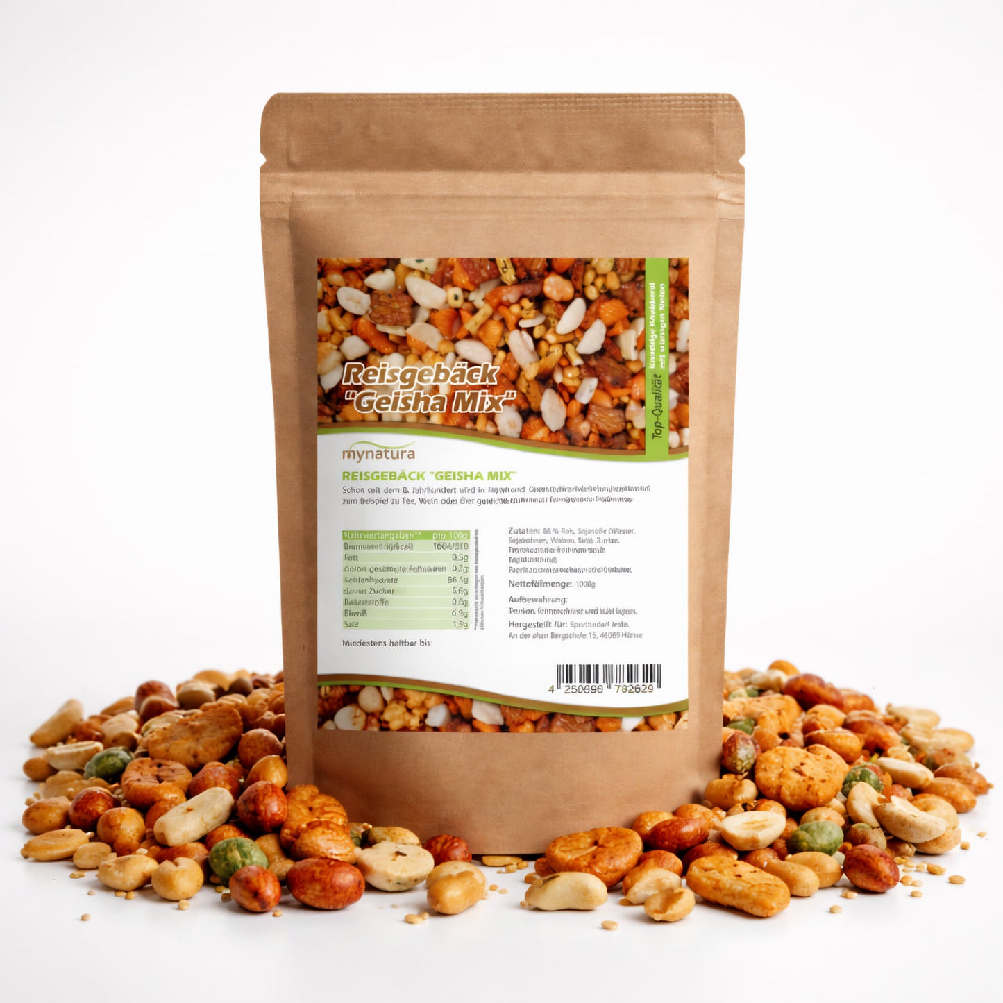 Beutel Mynatura Geisha Mix mit knusprigen Reiscracker Snacks, umgeben von bunter Mischung aus Reisgebäck, auf weißem Hintergrund.