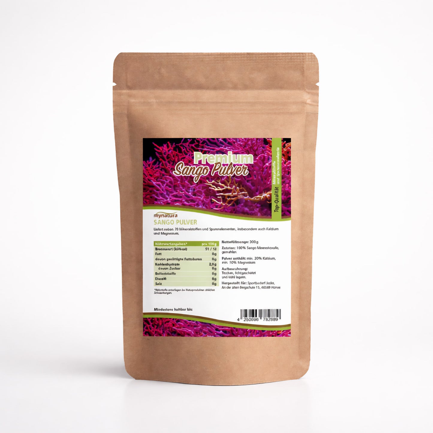 Sango Pulver von Mynatura im braunen Standbeutel, 300g, frontal auf weißem Hintergrund, Etikett mit Informationen zu Calcium, Mineralien und Vitaminen gut lesbar.