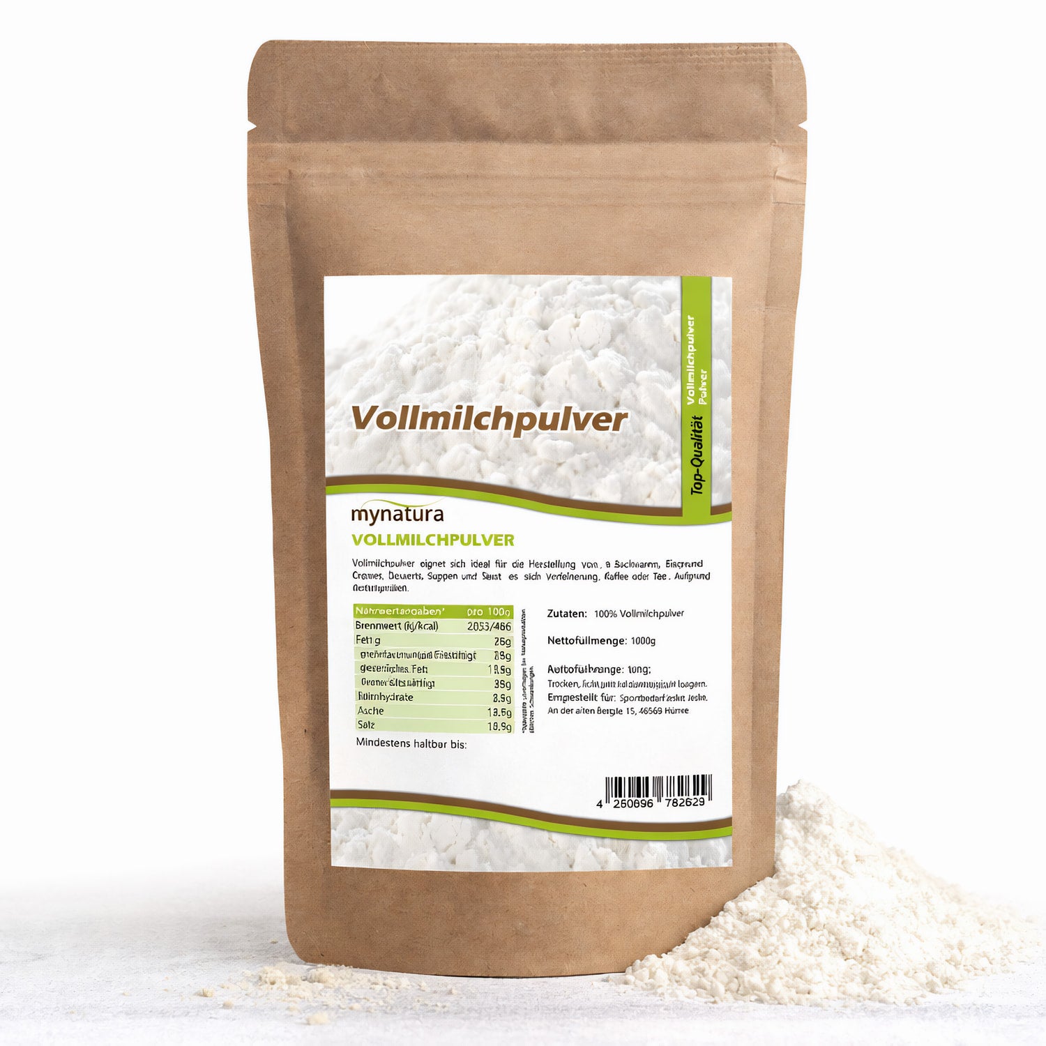 Beutel mit Mynatura Vollmilchpulver und etwas losem Milchpulver daneben, geeignet als Zutaten fürs Backen und Kochen.