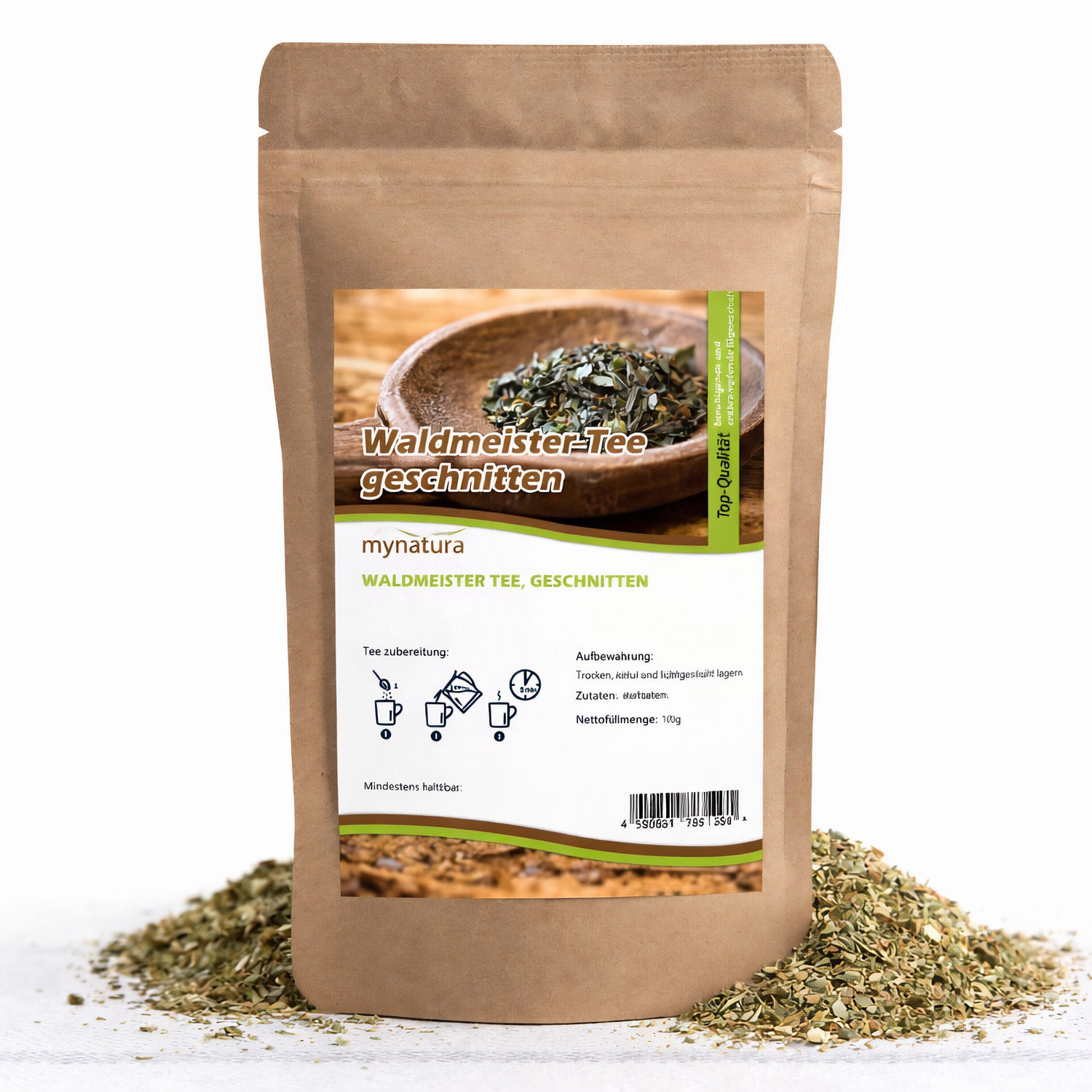 Beutel mit waldmeister getrocknet von Mynatura, 100g, vor einem Haufen geschnittenem waldmeisterkraut stehend.