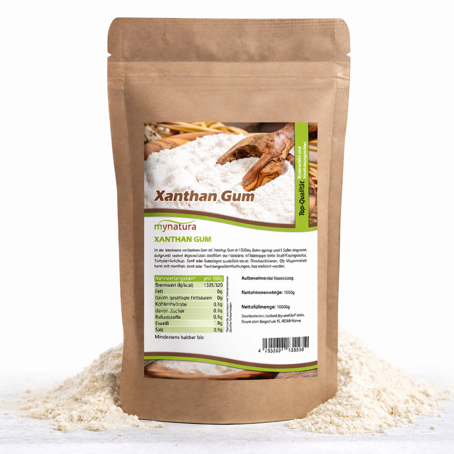Beutel Mynatura Xanthan Gum Bindemittel mit sichtbarem Pulverhügel im Vordergrund, geeignet für Backen und Kochen.