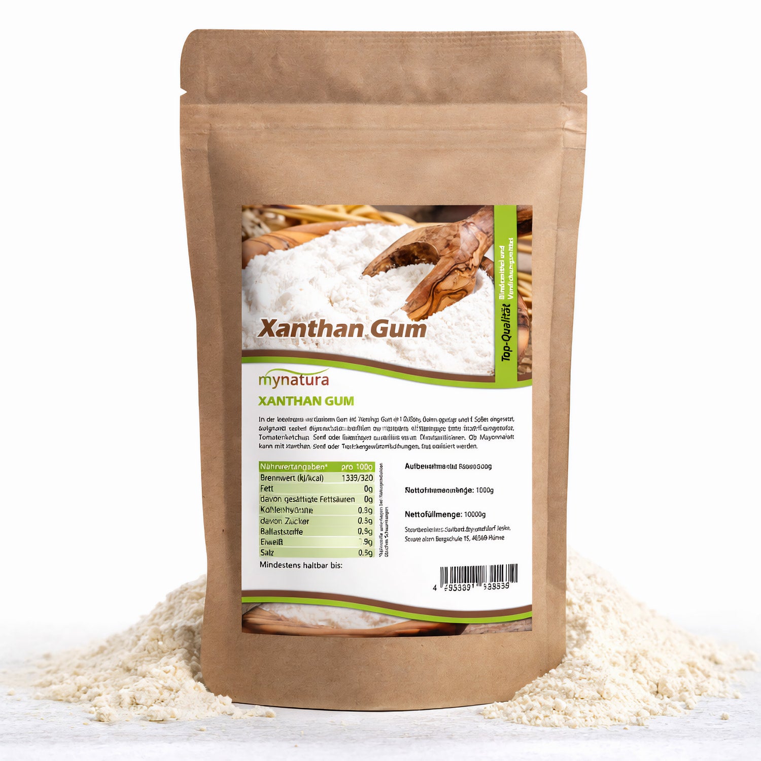 Beutel Mynatura Xanthan Gum Bindemittel mit sichtbarem Pulverhügel im Vordergrund, geeignet für Backen und Kochen.