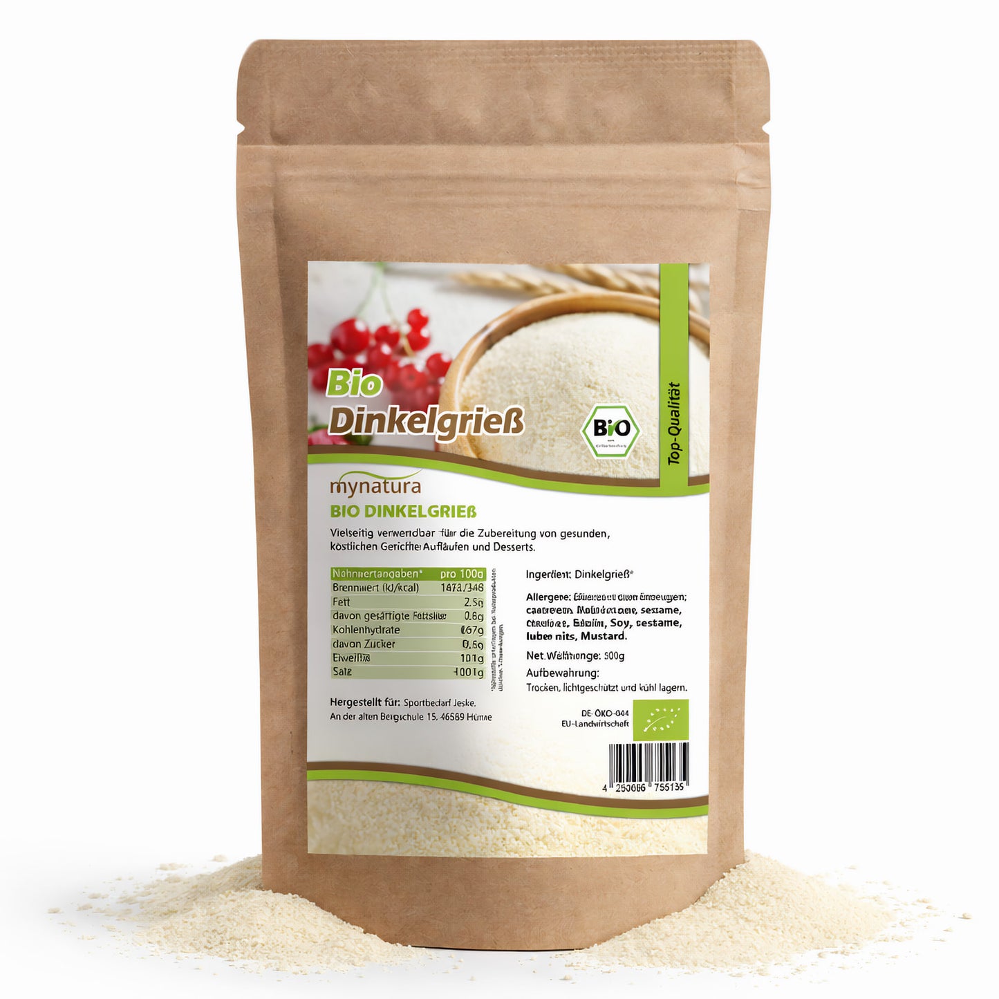 Beutel mit mynatura Bio Dinkelgrieß 500g, vorne stehend, etwas Dinkelgrieß liegt ausgeschüttet davor, Produktetikett mit Nährwertangaben sichtbar.