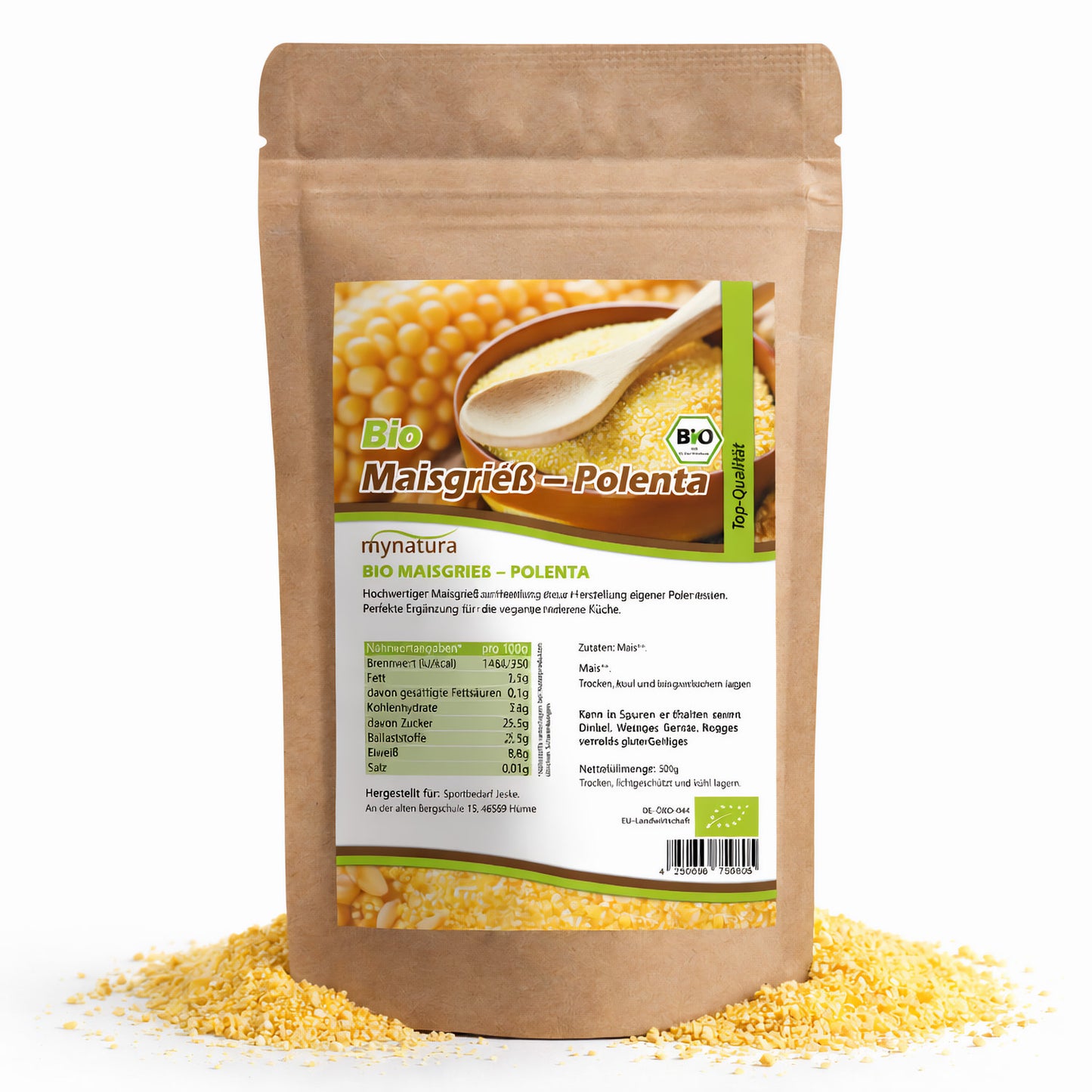 Beutel mit mynatura Bio Maisgrieß Polenta, vorne Etikett mit Nährwertangaben und Maiskörnern, Maisgrieß liegt lose um die Verpackung.