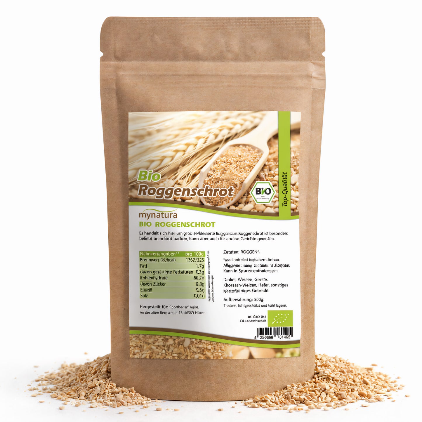 Beutel mit Mynatura Bio Roggenschrot, vorne Etikett mit Nährwertangaben und Roggenschrot, daneben lose Roggenschrotkörner als nachhaltiges Naturprodukt fürs Backen und Kochen.