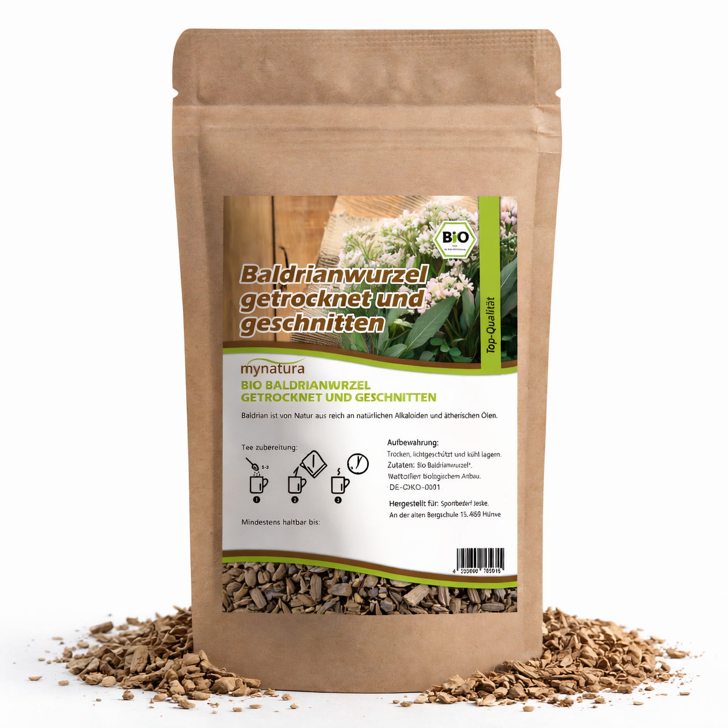 Beutel mit Mynatura Bio Baldrianwurzel geschnitten, 100g, aus Kraftpapier mit Sichtfenster und losem getrocknetem baldrianwurzel vor dem Beutel.