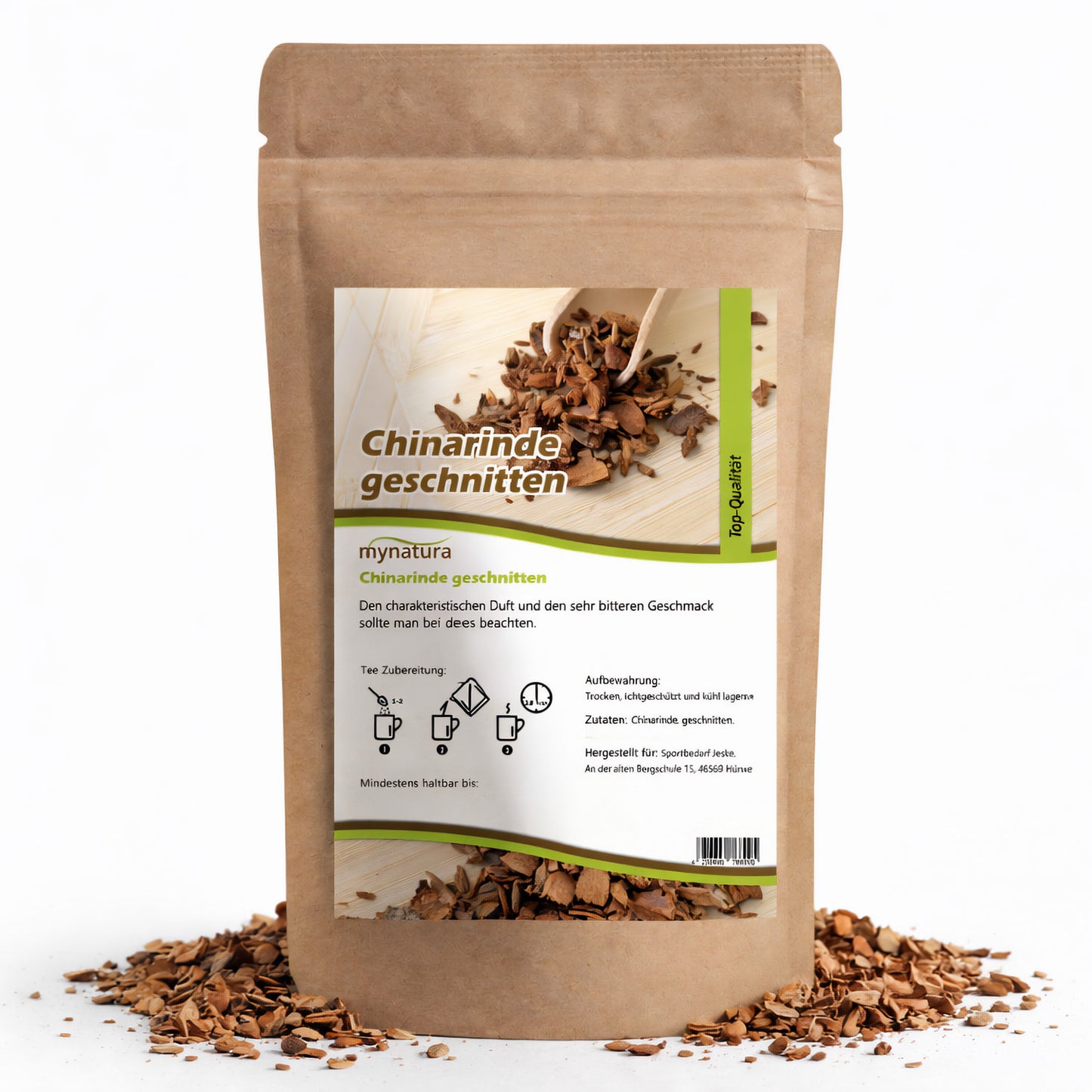 Beutel Mynatura Chinarinde geschnitten, 100g, aus braunem Kraftpapier mit Sichtfenster und losem Chinarinde-Superfood auf weißem Hintergrund.