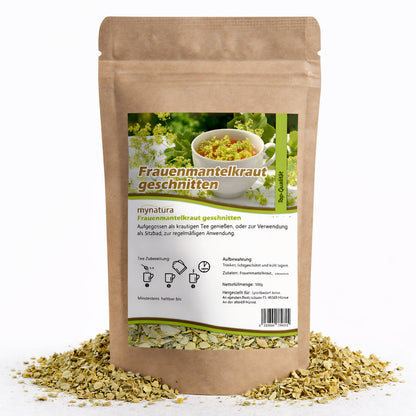 Beutel mit geschnittenem Frauenmantelkraut von mynatura, 100g, vor weißem Hintergrund, umgeben von losem getrocknetem Kraut.