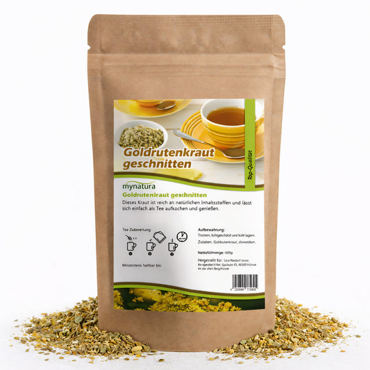 Beutel mit goldrutenkraut, geschnitten und getrocknet, auf weißem Hintergrund, umgeben von losem kräutertee.