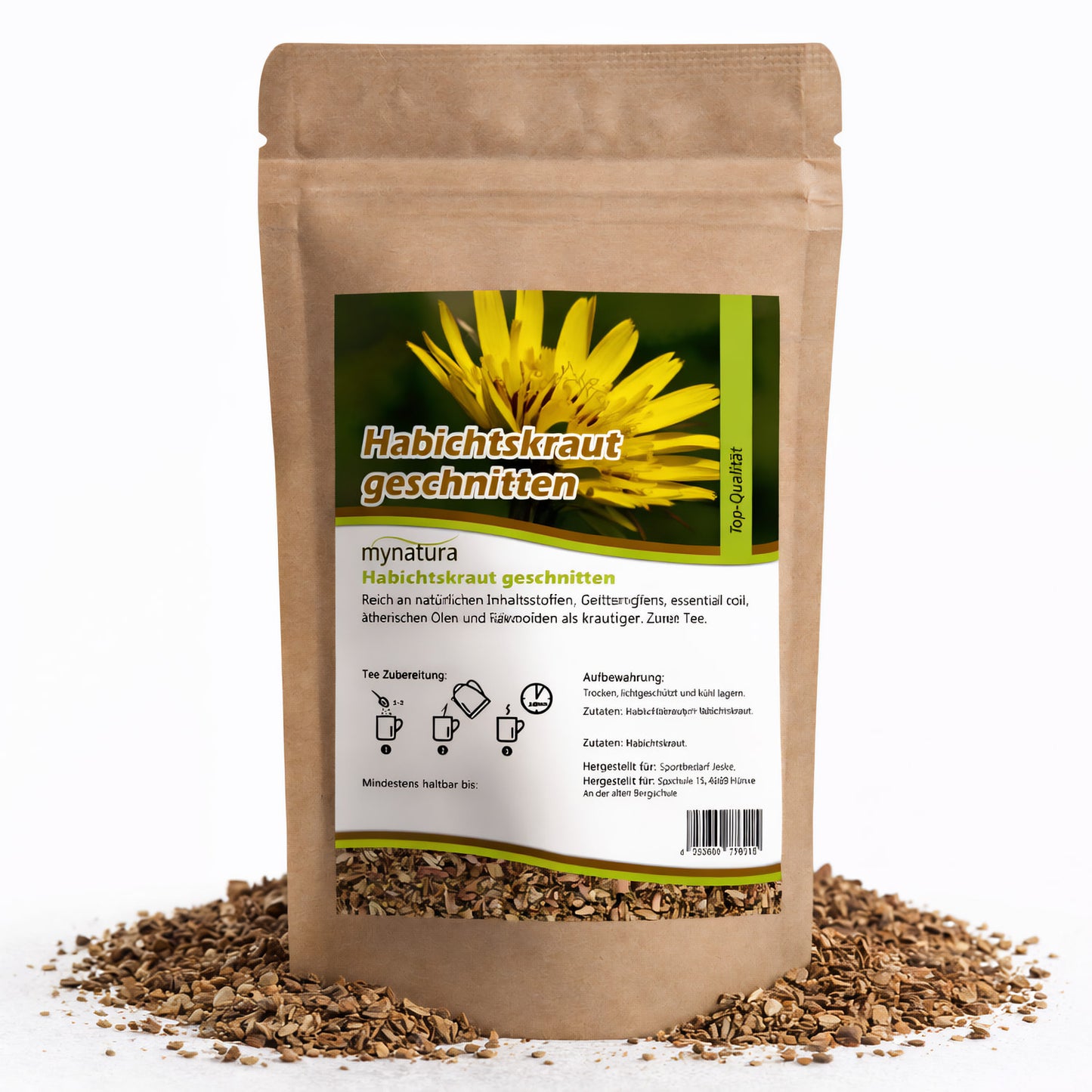 Beutel mit getrocknetem, geschnittenem Habichtskraut von mynatura, 100g, auf weißem Hintergrund, umgeben von losem Kräuterinhalt.