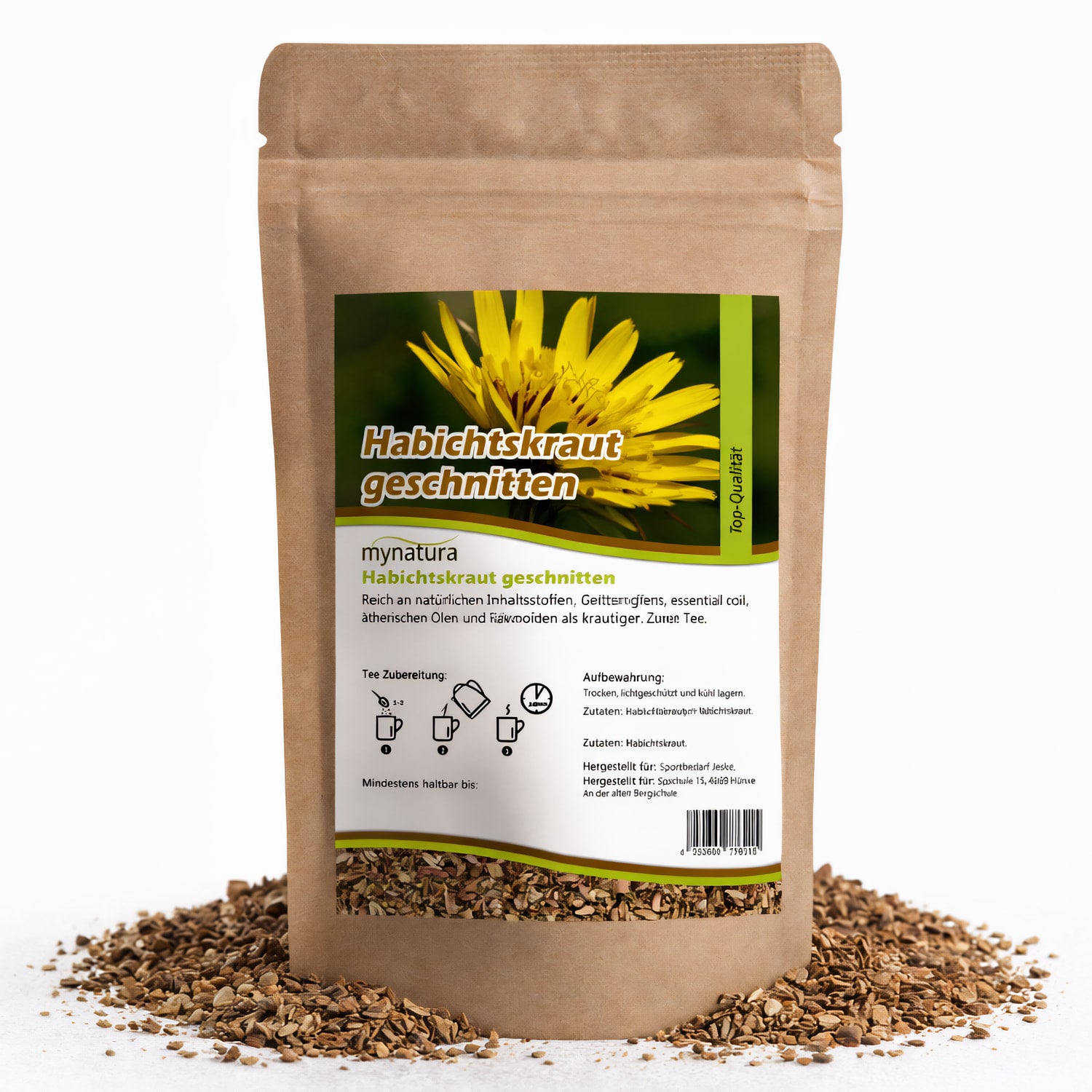 Beutel mit getrocknetem, geschnittenem Habichtskraut von mynatura, 100g, auf weißem Hintergrund, umgeben von losem Kräuterinhalt.