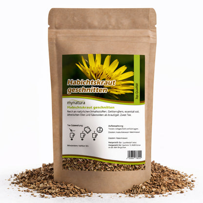 Beutel mit getrocknetem, geschnittenem Habichtskraut von mynatura, 100g, auf weißem Hintergrund, umgeben von losem Kräuterinhalt.