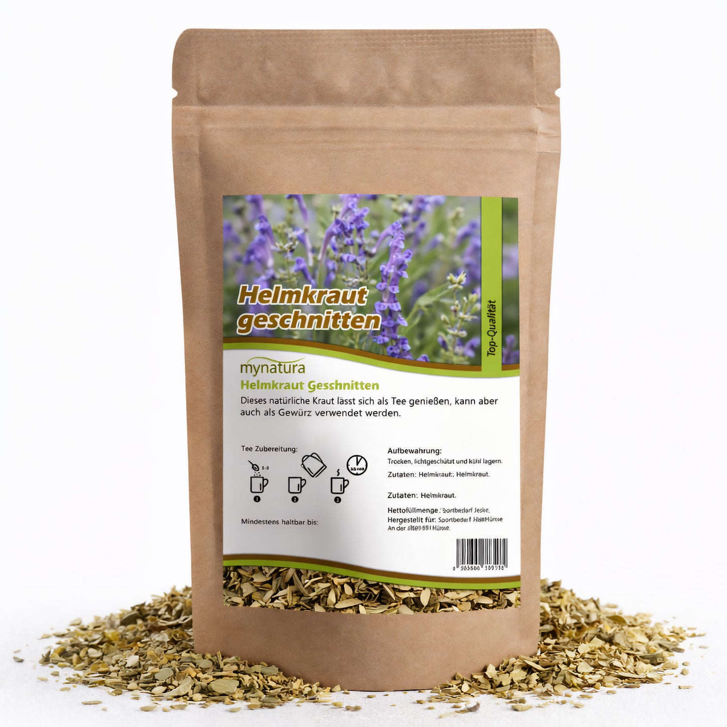Beutel mit mynatura Helmkraut geschnitten, 100g, vor weißem Hintergrund, umgeben von losem getrocknetem helmkraut.