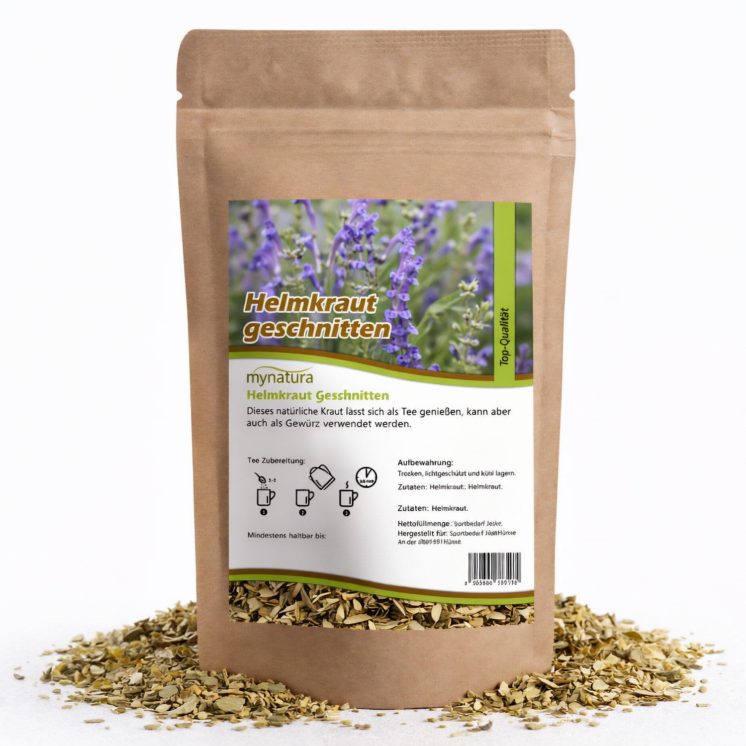 Beutel mit mynatura Helmkraut geschnitten, 100g, vor weißem Hintergrund, umgeben von losem getrocknetem helmkraut.