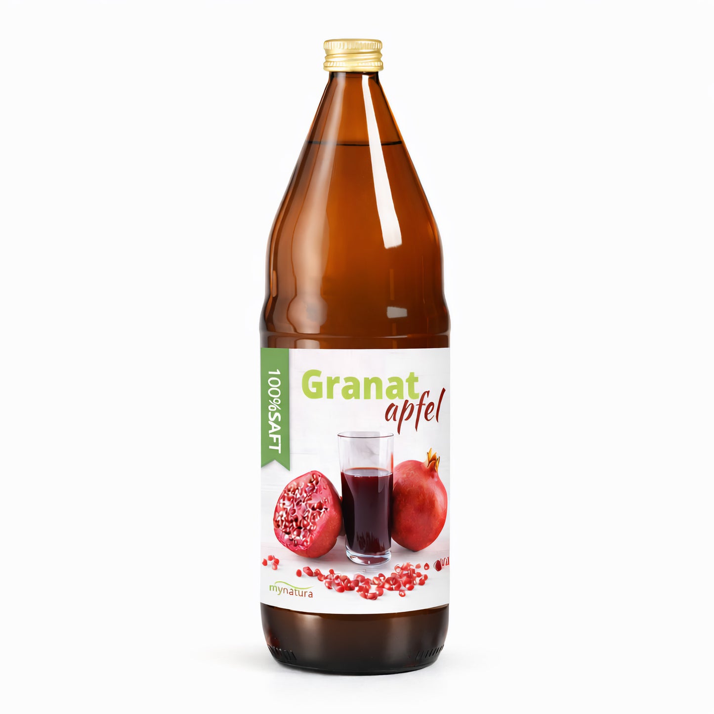 Granatapfel Direktsaft Flasche von mynatura mit Granatapfel, einer Hälfte und Kernen auf weißem Hintergrund.