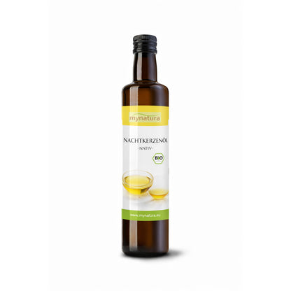 Braune 250ml-Flasche Mynatura Nachtkerzenöl mit gelbem Etikett, auf weißem Hintergrund, Etikett zeigt zwei Glasschalen mit Öl.