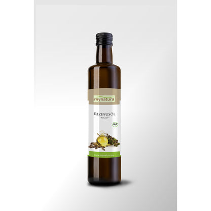 Rizinusöl in brauner Glasflasche mit Etikett, freigestellt vor hellem Hintergrund, geeignet für Naturkosmetik und Hautpflege.