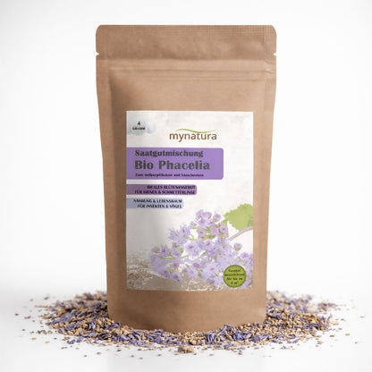 Beutel Mynatura Bio Phacelia Saatgutmischung mit sichtbarem phacelia saatgut auf weißem Hintergrund.