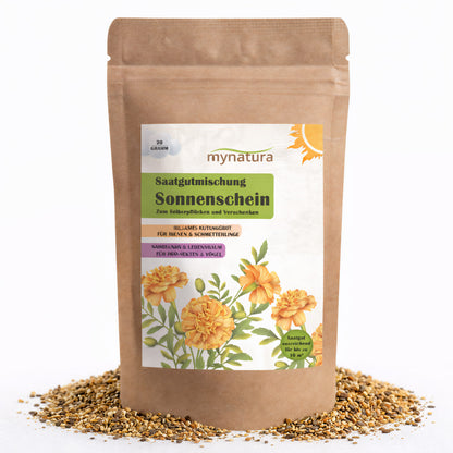Vorderseite der Mynatura Saatgutmischung Sonnenschein im braunen Beutel mit Ringelblumen-Illustration und verstreuten Pflanzensamen, geeignet für Garten und Balkon.