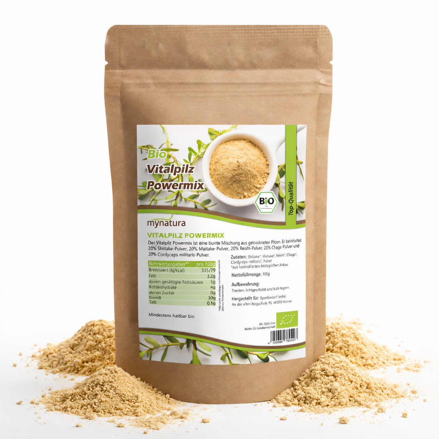 Beutel Mynatura Bio Vitalpilz Powermix 100g mit sichtbarem Etikett und verstreutem Vitalpilzmix-Pulver auf weißem Hintergrund.