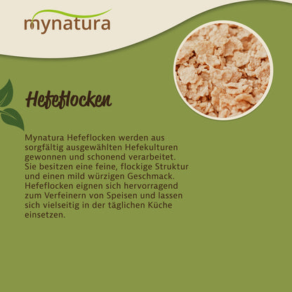 Nahaufnahme von hefeflocken in flockiger Struktur, mit Infotext zu hefeflocken und deren Verwendung beim kochen und backen.