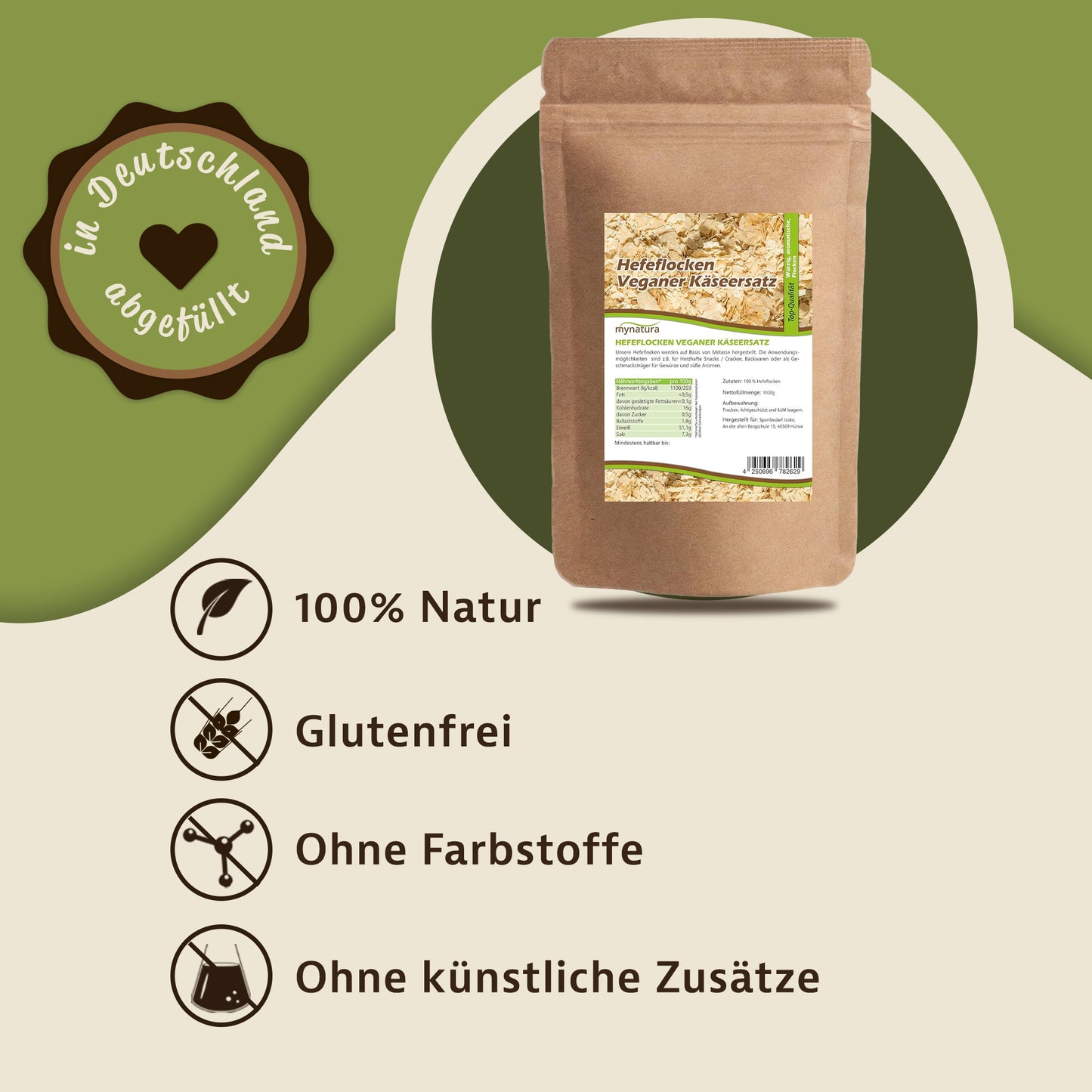 Beutel Mynatura hefeflocken, vegane würzflocken, auf grafischem Hintergrund mit Icons und Hinweisen zu natürlichen Zutaten und ohne Zusätze.