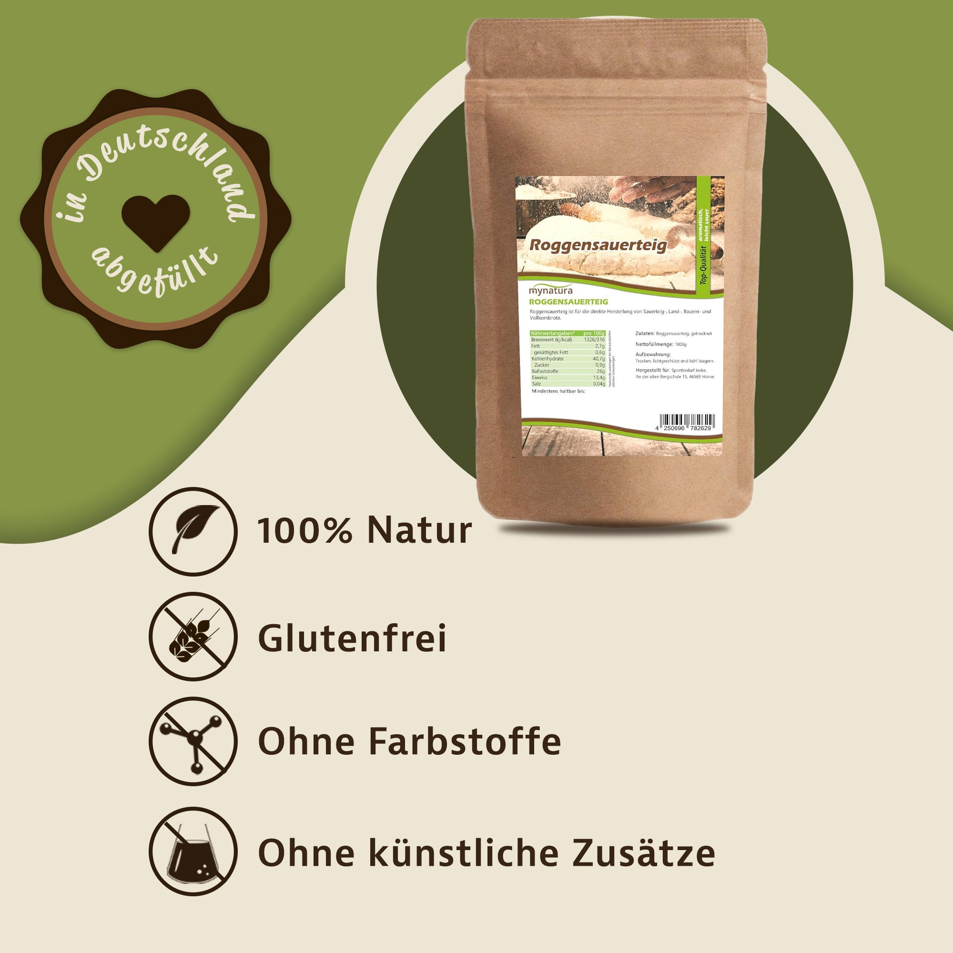 Roggensauerteigpulver Beutel auf grünem Hintergrund, daneben Symbole und Hinweise zu natürlichen Zutaten, glutenfrei, ohne Farbstoffe und Zusätze.