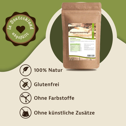Roggensauerteigpulver Beutel auf grünem Hintergrund, daneben Symbole und Hinweise zu natürlichen Zutaten, glutenfrei, ohne Farbstoffe und Zusätze.