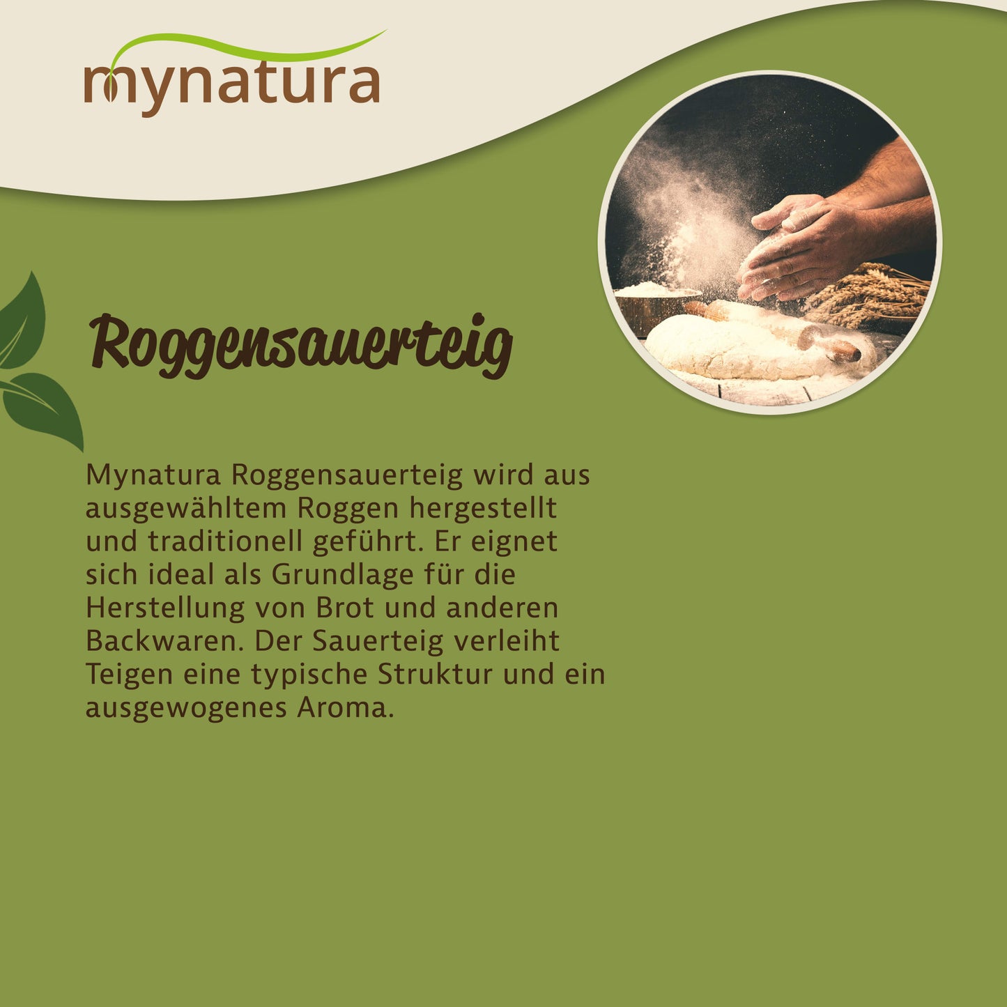 Infografik zu Roggensauerteig von Mynatura mit Beschreibung zur Herstellung und Verwendung als natürliche Basis für Backen mit Rogge.