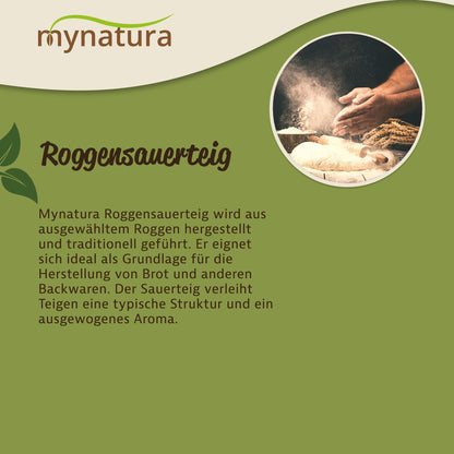 Infografik zu Roggensauerteig von Mynatura mit Beschreibung zur Herstellung und Verwendung als natürliche Basis für Backen mit Rogge.