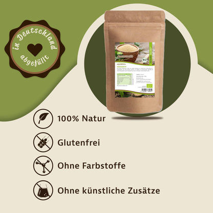 Bio Amaranth Beutel von Mynatura auf grünem Hintergrund, daneben Symbole für glutenfreie, natürliche Zutaten und ohne Farbstoffe.