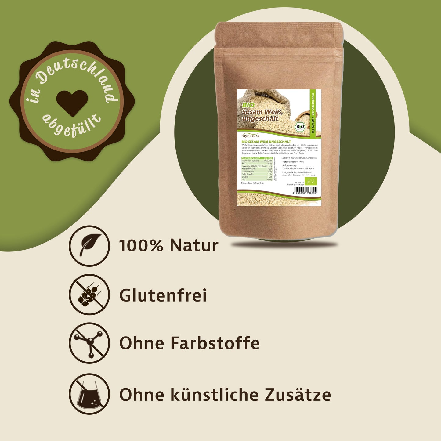 Beutel weißer ungeschälter Sesam vor grünem Hintergrund, daneben Icons und Hinweise zu naturreinem Superfood ohne Zusätze.