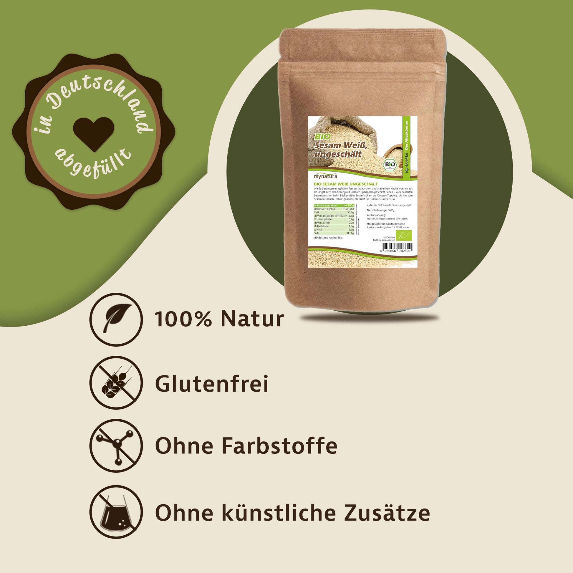 Beutel weißer ungeschälter Sesam vor grünem Hintergrund, daneben Icons und Hinweise zu naturreinem Superfood ohne Zusätze.