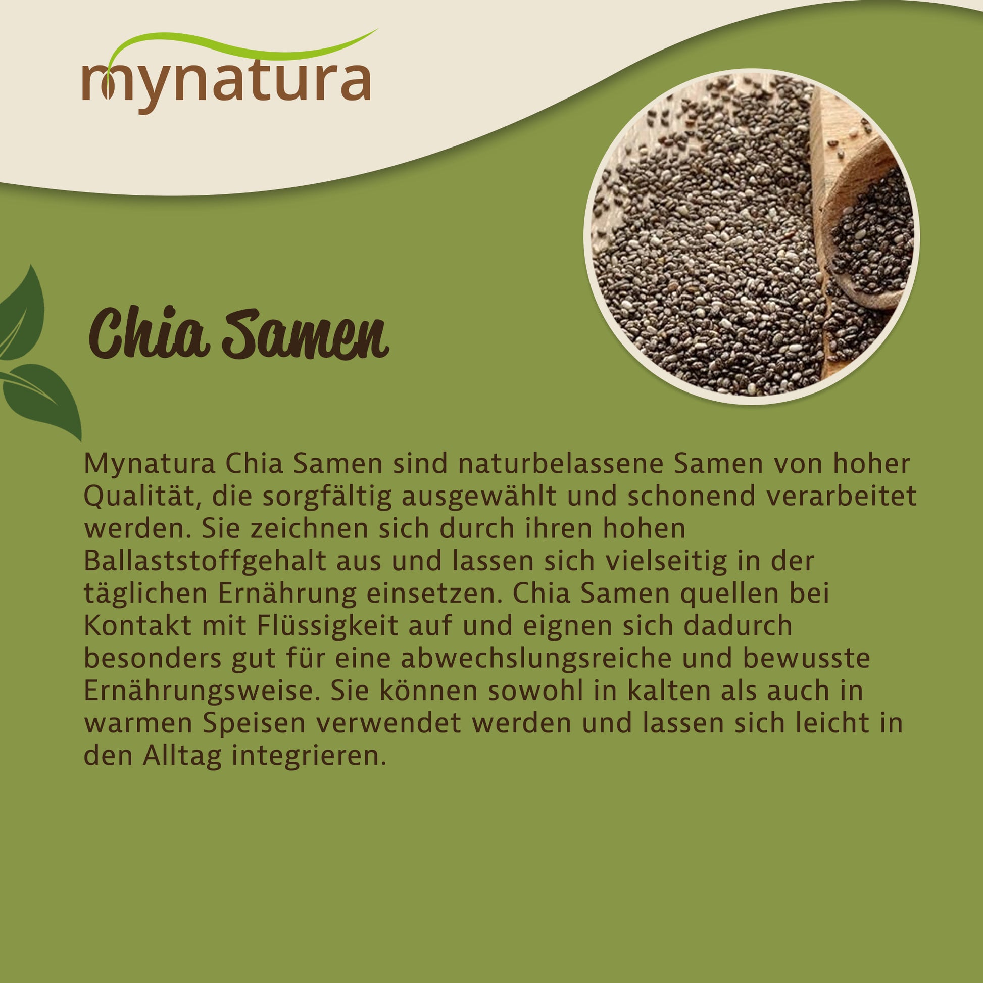 Nahaufnahme von Mynatura Chia Samen in einer Holzschale, daneben Beschreibung zur Verwendung der natürlichen Chiasaat in der Ernährung.