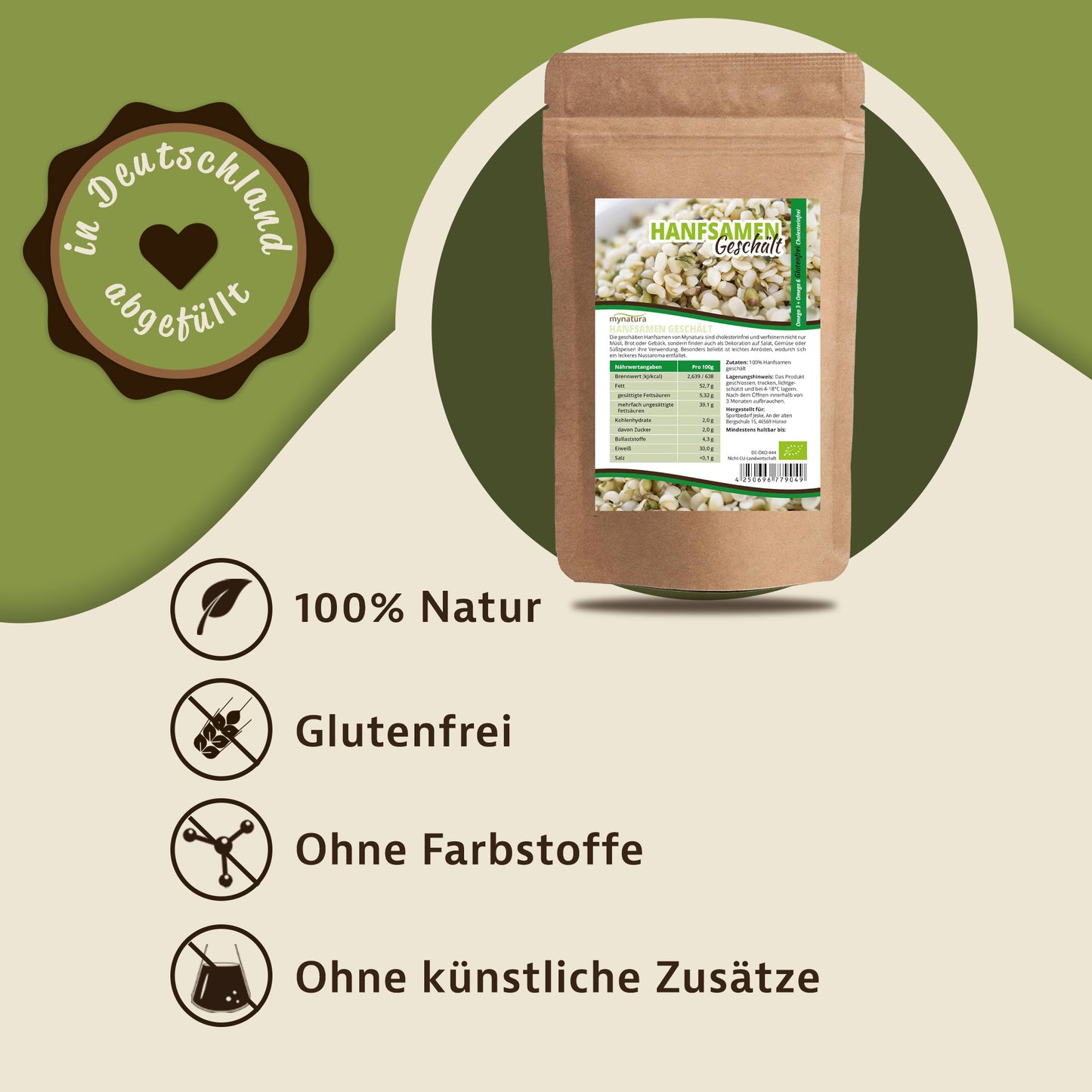 Beutel mit geschälten hanfsamen von mynatura vor grünem Hintergrund, daneben Symbole und Hinweise zu glutenfreiem superfood.