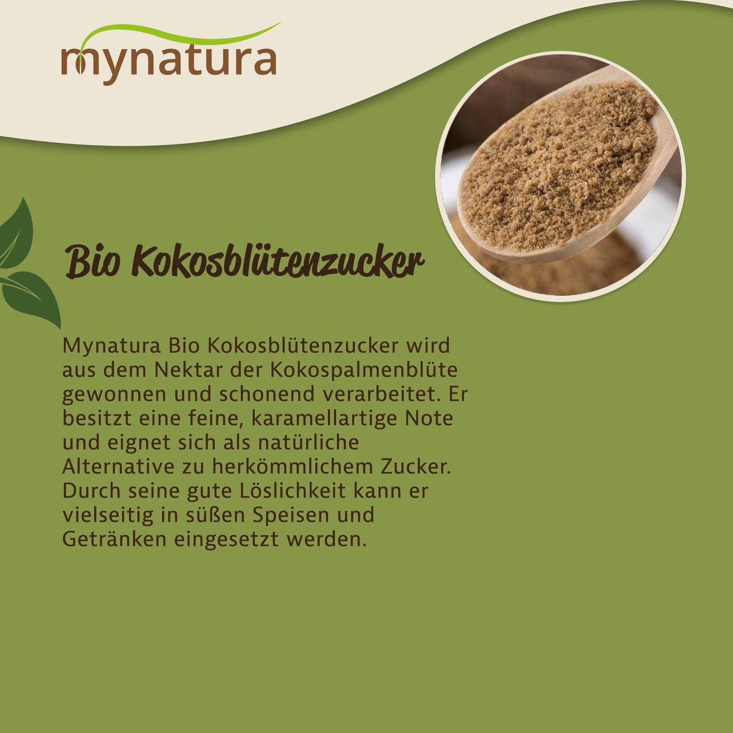Holzlöffel mit Kokosblütenzucker als vegane Zuckeralternative, daneben Text zur natürlichen Herkunft und Verwendung beim Backen und Kochen.