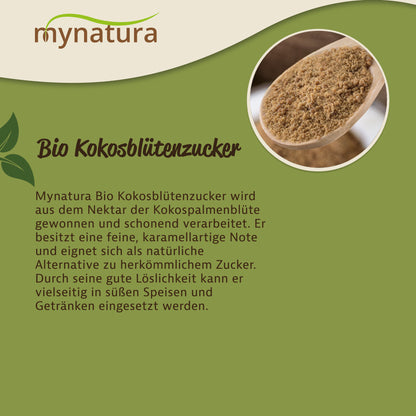 Holzlöffel mit Kokosblütenzucker als vegane Zuckeralternative, daneben Text zur natürlichen Herkunft und Verwendung beim Backen und Kochen.