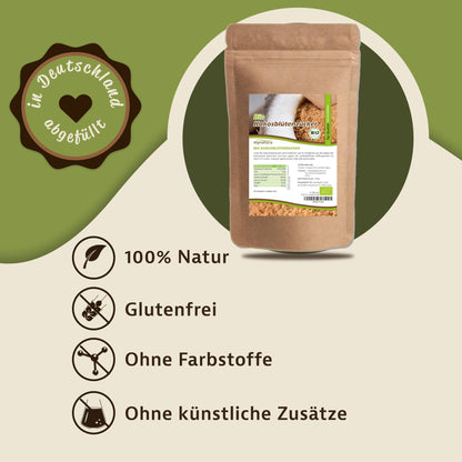 Kokosblütenzucker im Beutel von mynatura vor grünem Hintergrund, daneben Symbole und Hinweise zu natürlichen und veganen Zuckeralternativen.