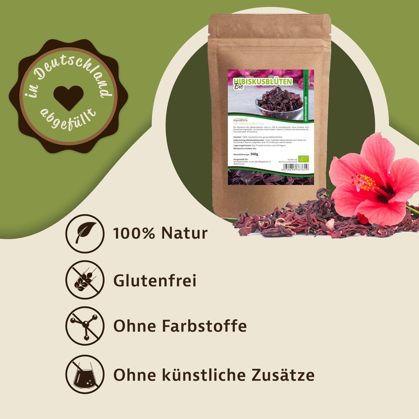 Beutel hibiskusblüten getrocknet, ganz 500g neben einer Hibiskusblüte, mit Symbolen für natürliche und zusatzfreie kräuter auf grün-beigem Hintergrund.