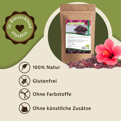 Beutel hibiskusblüten getrocknet, ganz 500g neben einer Hibiskusblüte, mit Symbolen für natürliche und zusatzfreie kräuter auf grün-beigem Hintergrund.