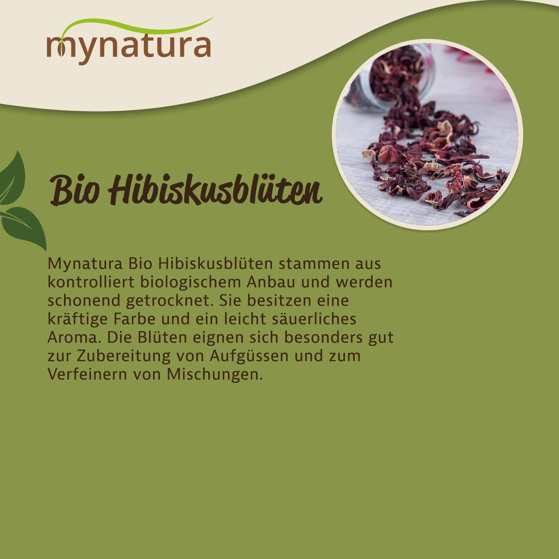 Getrocknete hibiskusblüten ganz aus einem Glas auf hellem Untergrund, oben rechts im Bild, mit Text zu den kräuter und ihrer Verwendung.