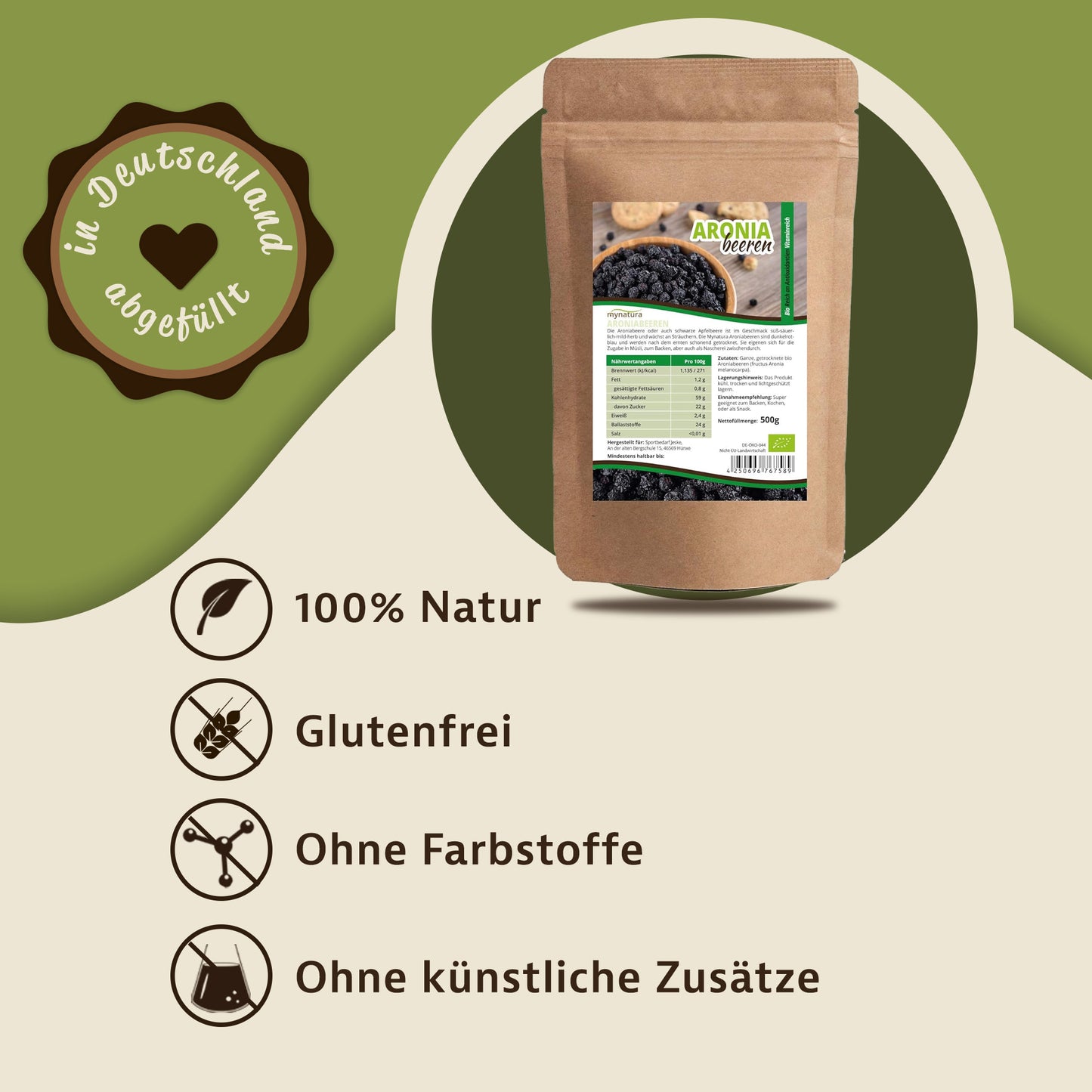 Beutel getrocknete Aroniabeeren auf grünem Hintergrund, daneben Symbole für 100% Natur, glutenfrei, ohne Farbstoffe und ohne künstliche Zusätze.