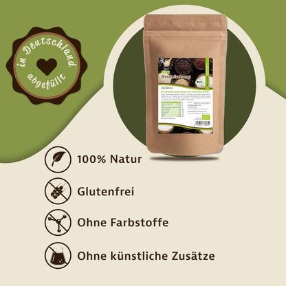 Bio Reismischung im braunen Beutel vor grünem Hintergrund, daneben Symbole und Hinweise auf natürliche Zutaten, glutenfrei, ohne Farbstoffe und künstliche Zusätze.
