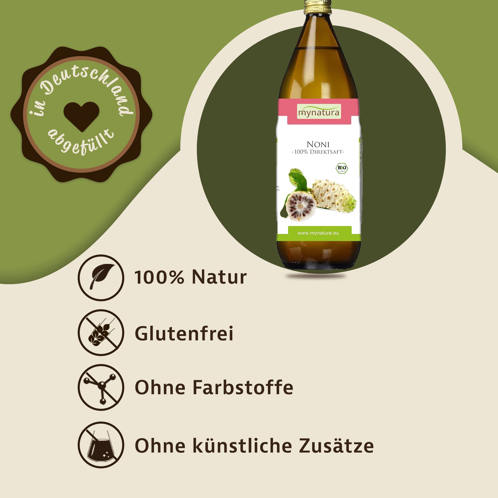 Grafik mit einer Flasche Mynatura Nonisaft, Siegel 'in Deutschland abgefüllt' und Symbolen für natürliche und zusatzfreie Säfte.