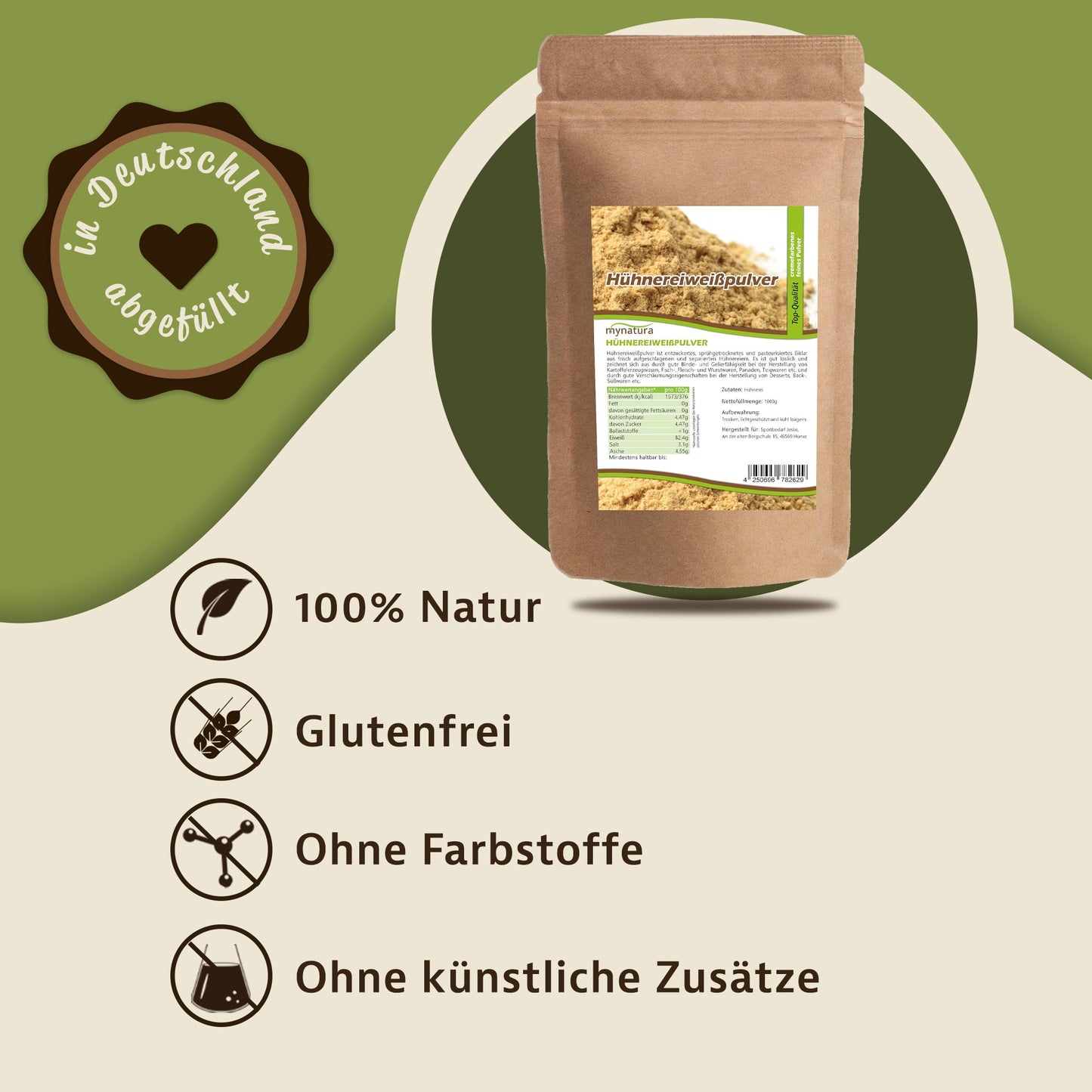 Beutel mit hühnereiweißpulver von Mynatura auf grün-beigem Hintergrund, daneben Icons und Hinweise zu natürlichen Eigenschaften des eiweißpulvers.