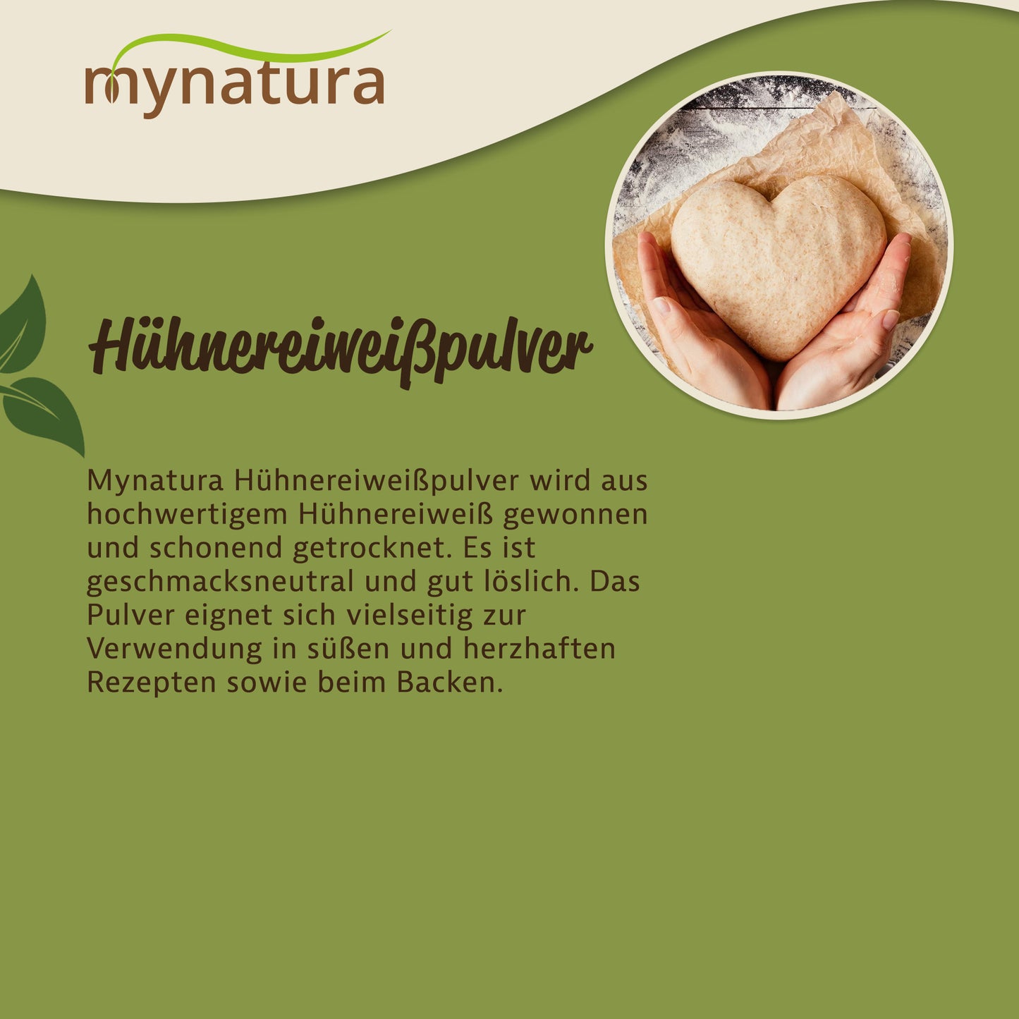 Herzförmiger Brotteig in Händen auf Backpapier, daneben Text zur vielseitigen Verwendung von hühnereiweiß beim backen und kochen.