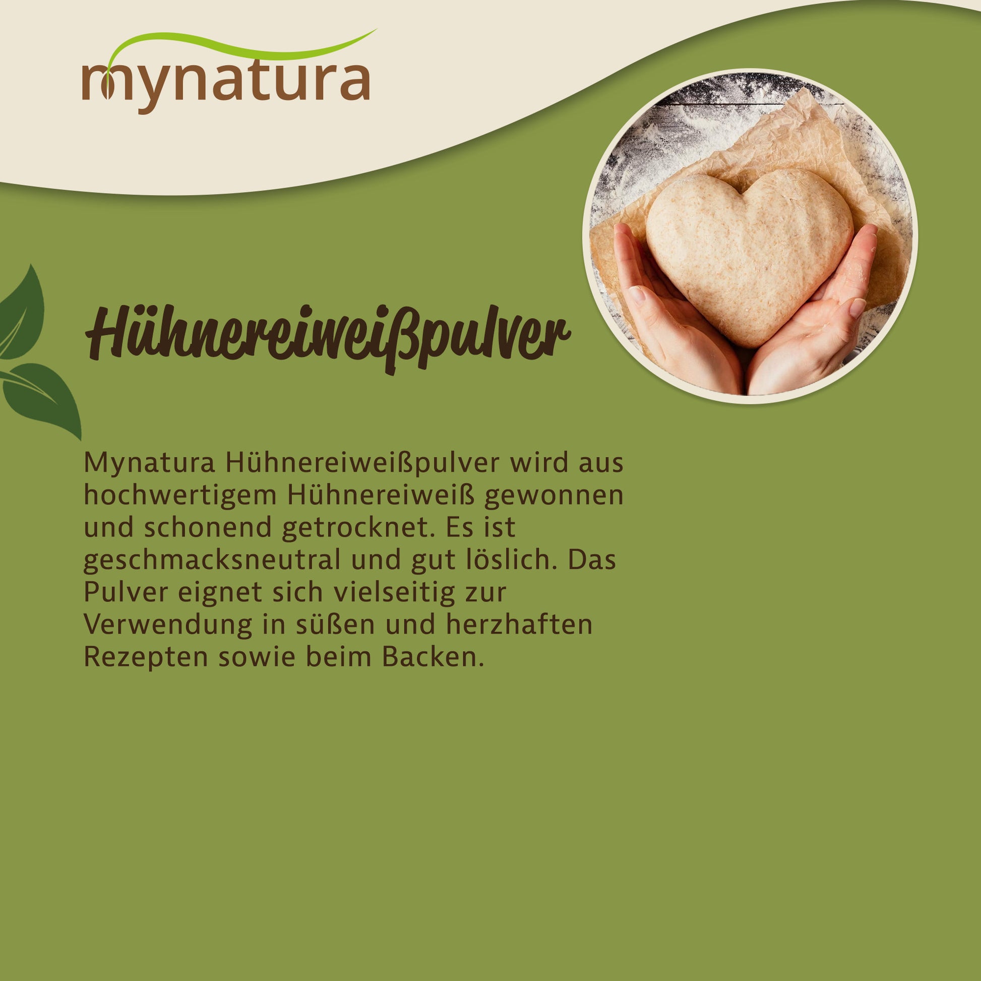 Herzförmiger Brotteig in Händen auf Backpapier, daneben Text zur vielseitigen Verwendung von hühnereiweiß beim backen und kochen.