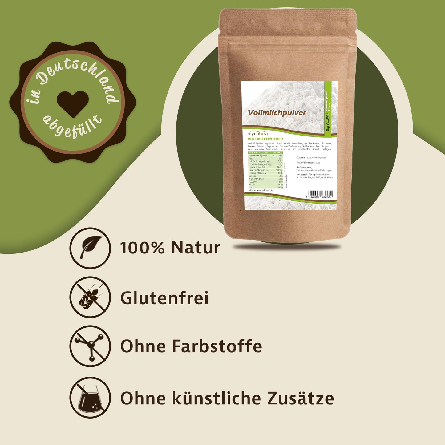 Vollmilchpulver im braunen Beutel von Mynatura auf grünem Hintergrund, daneben Symbole für glutenfrei und ohne Farbstoffe, ideal als Zutaten fürs Müsli.