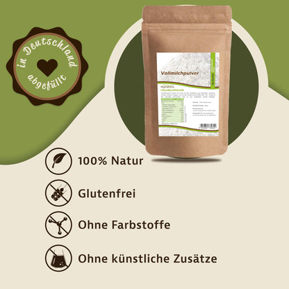 Vollmilchpulver im braunen Beutel von Mynatura auf grünem Hintergrund, daneben Symbole für glutenfrei und ohne Farbstoffe, ideal als Zutaten fürs Müsli.